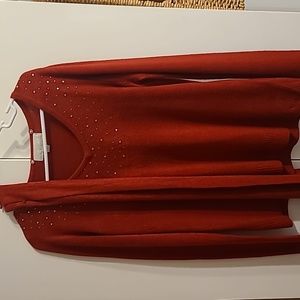 Red sweater with rhinestones and scarf